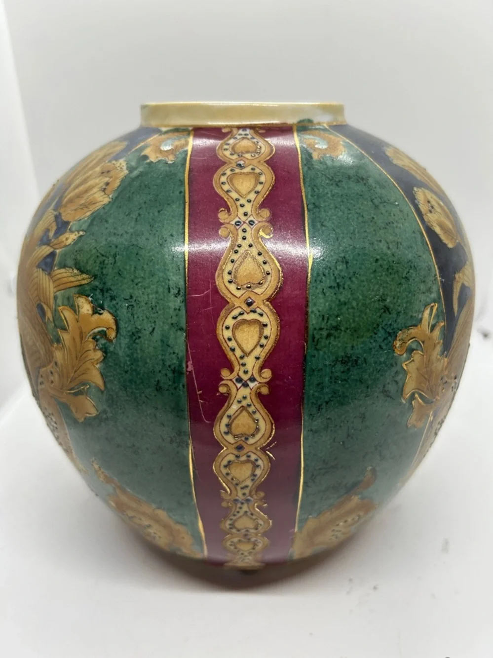 Vintage Decorative Floral Globe Vase in Green, Navy & Gold - Picture 5 of 11